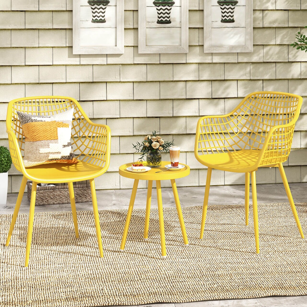 Costway 3 Piece Patio Bistro Set All Weather Heavy Duty Table and Chairs Set of 2 Black/Yellow